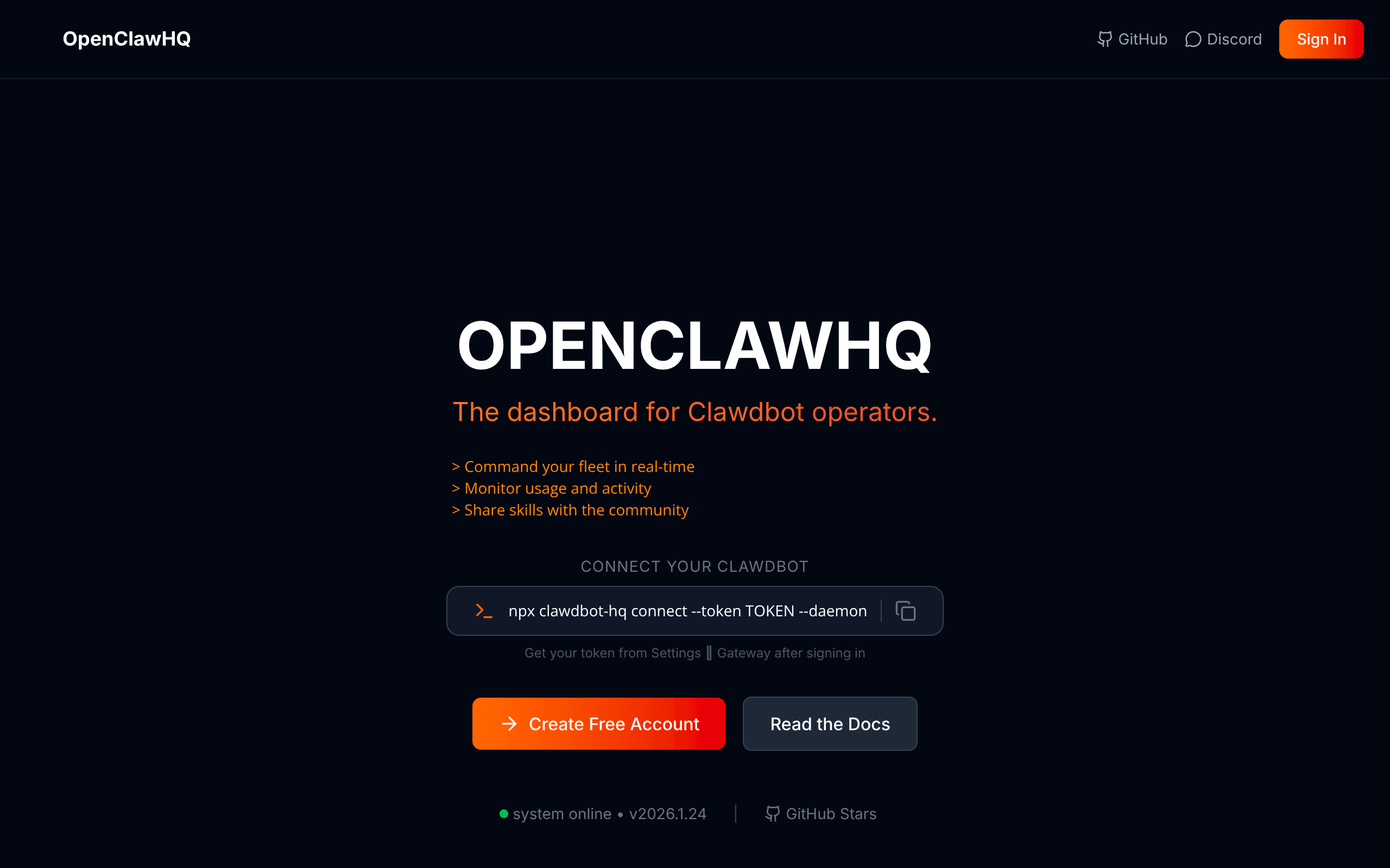 Open Claw HQ - Your AI agents, united. The dashboard for Clawdbot operators. Command your fleet, monitor your usage