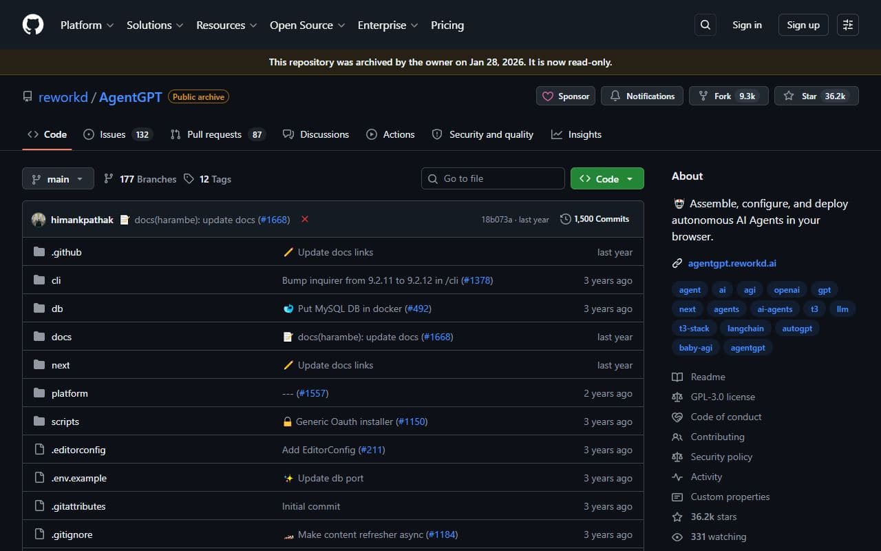 Screenshot of AgentGPT - AUTOMATION tool built with OpenClaw
