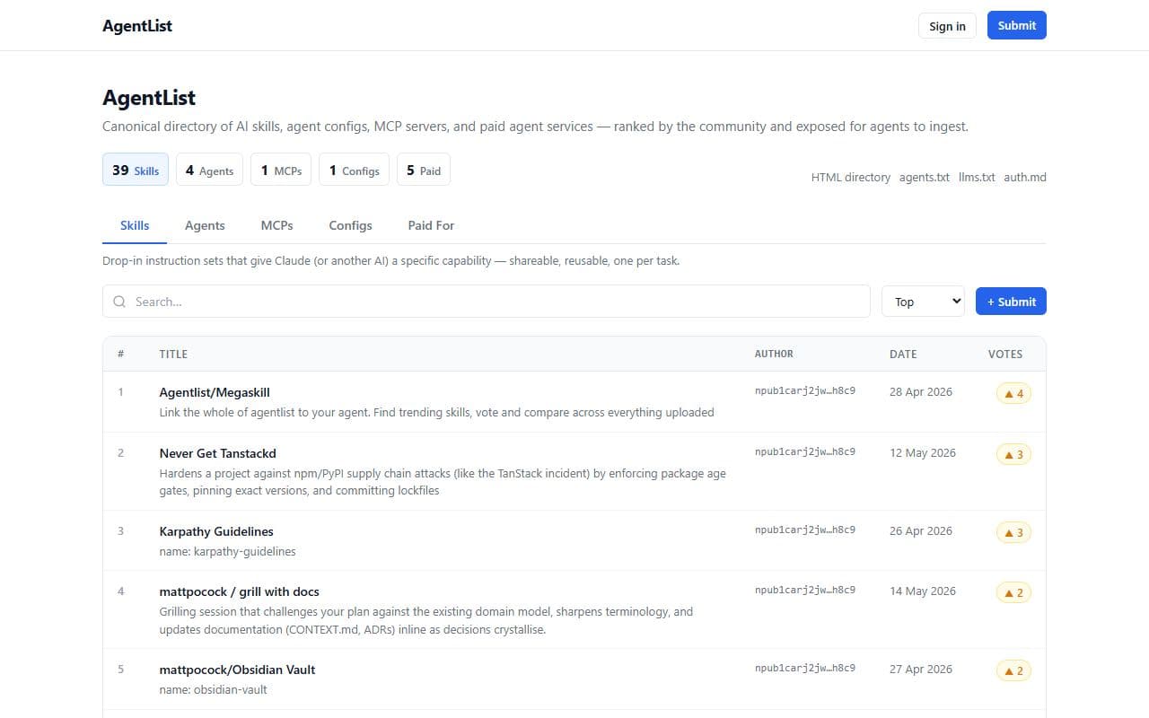 Screenshot of AgentList - COMMUNITY tool built with OpenClaw