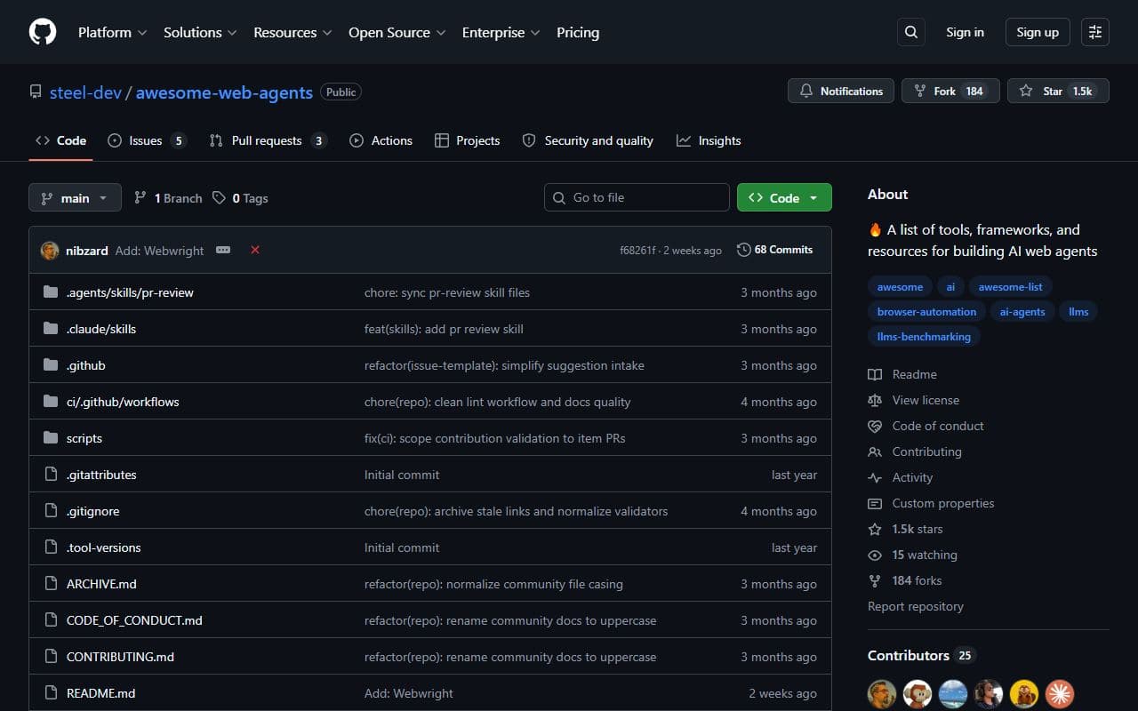 Screenshot of Awesome Web Agents - DOCS tool built with OpenClaw