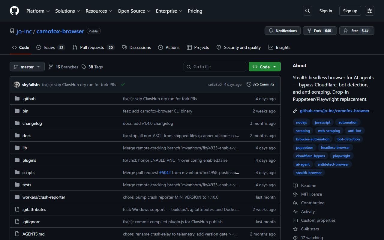 Screenshot of Camofox Browser - AUTOMATION tool built with OpenClaw