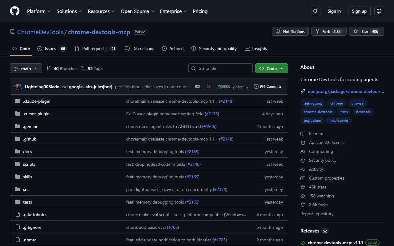 Screenshot of Chrome DevTools MCP - INTEGRATION tool built with OpenClaw