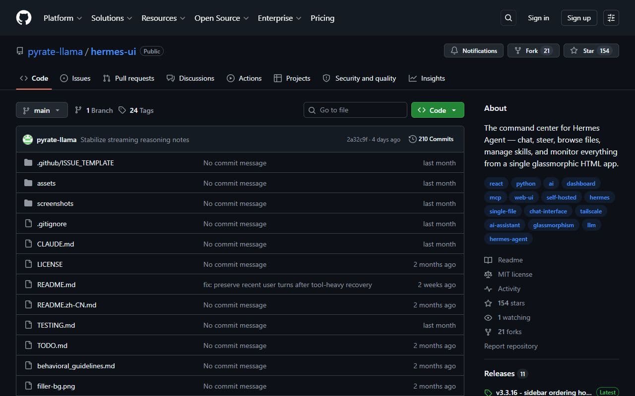 Screenshot of Hermes UI - DASHBOARD tool built with OpenClaw