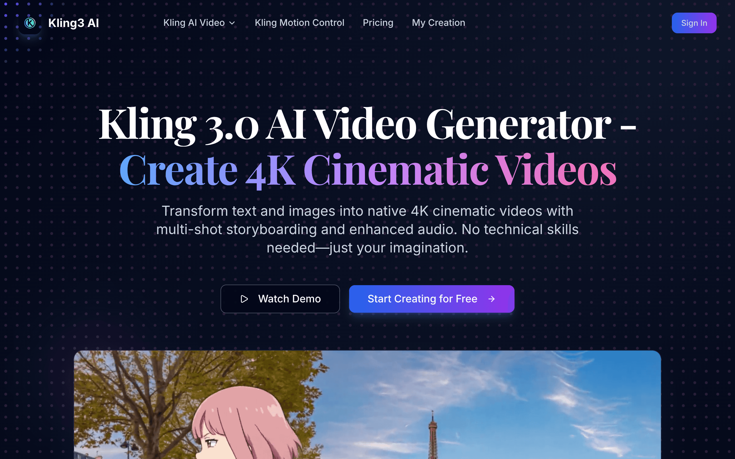 Screenshot of Kling 3.0 AI Video Generator - PRODUCTIVITY tool built with OpenClaw