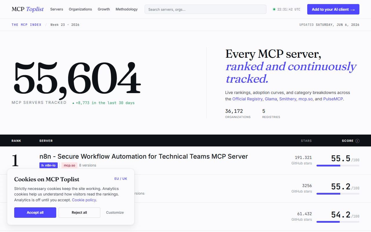 Screenshot of MCP Toplist - COMMUNITY tool built with OpenClaw