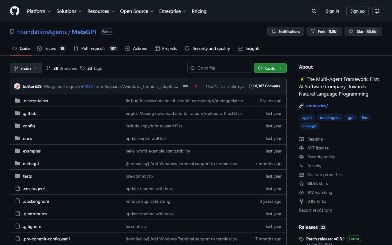 Screenshot of MetaGPT - AUTOMATION tool built with OpenClaw