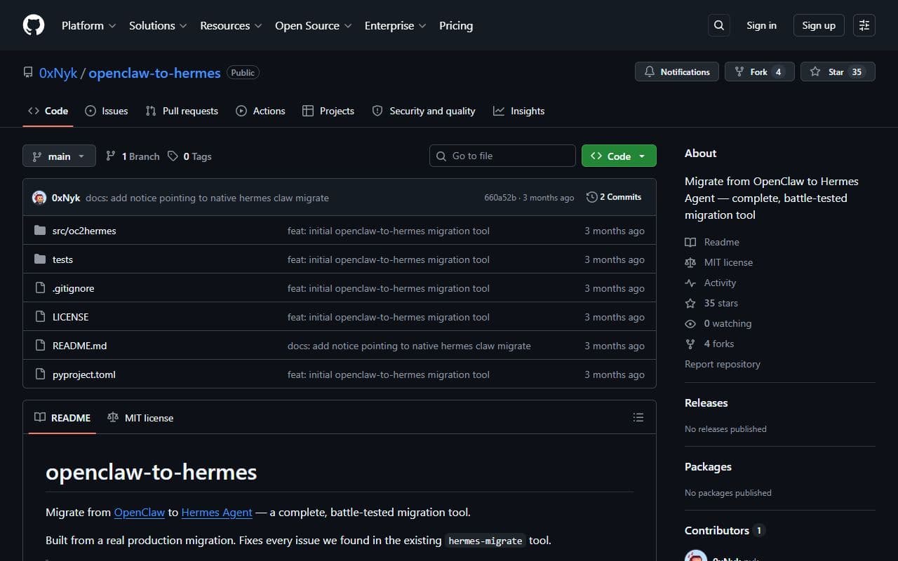 Screenshot of openclaw-to-hermes - UTILITIES tool built with OpenClaw