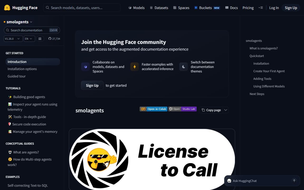 Screenshot of smolagents - DOCS tool built with OpenClaw